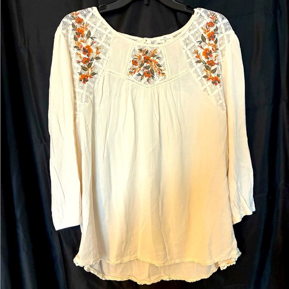 Mason & Belle Woman’s Cream Crepe LS Blouse Size 1X Embroidered Boho Lace - Picture 1 of 7